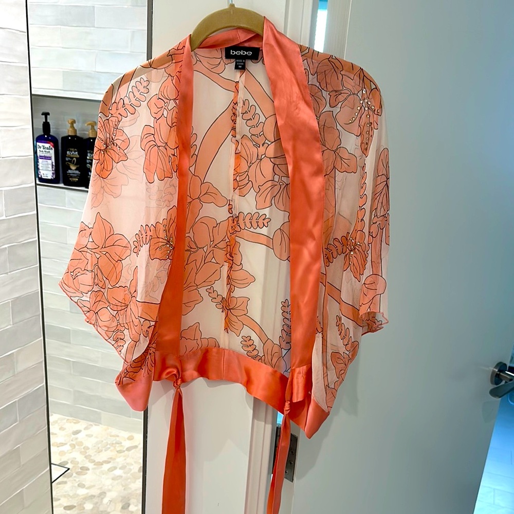 Bebe Coral Floral Sheer Wrap with Satin Accents